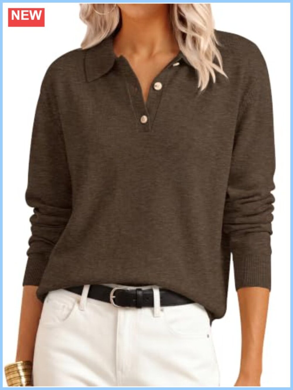 Women's Knit Polo Sweater Long Sleeve Pullover Collared Ribbed Trim
